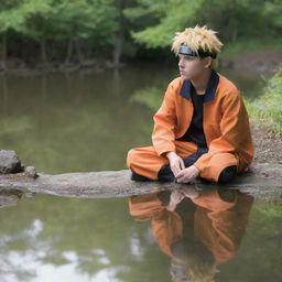 Naruto Uzumaki, a popular anime character, sitting serenely by a small, tranquil pond, his reflection mirrored in the clear water.