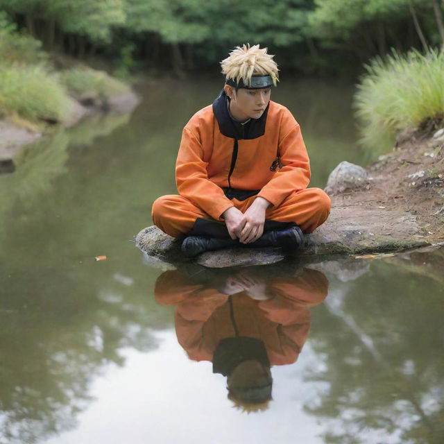 Naruto Uzumaki, a popular anime character, sitting serenely by a small, tranquil pond, his reflection mirrored in the clear water.