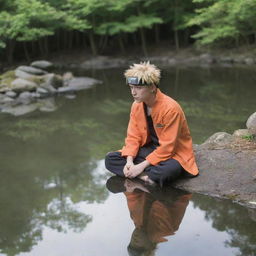 Naruto Uzumaki, a popular anime character, sitting serenely by a small, tranquil pond, his reflection mirrored in the clear water.