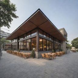 A distant perspective of a 700-square meter waffle restaurant, showcasing its exterior design and inviting atmosphere.