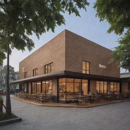 A distant perspective of a 700-square meter waffle restaurant, showcasing its exterior design and inviting atmosphere.