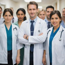 A group of doctors in professional attire and stethoscopes around their necks, helping patients in a busy, well-equipped hospital environment