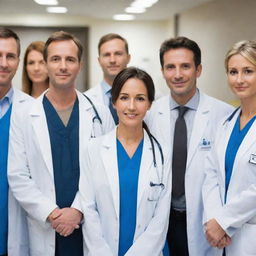 A group of doctors in professional attire and stethoscopes around their necks, helping patients in a busy, well-equipped hospital environment