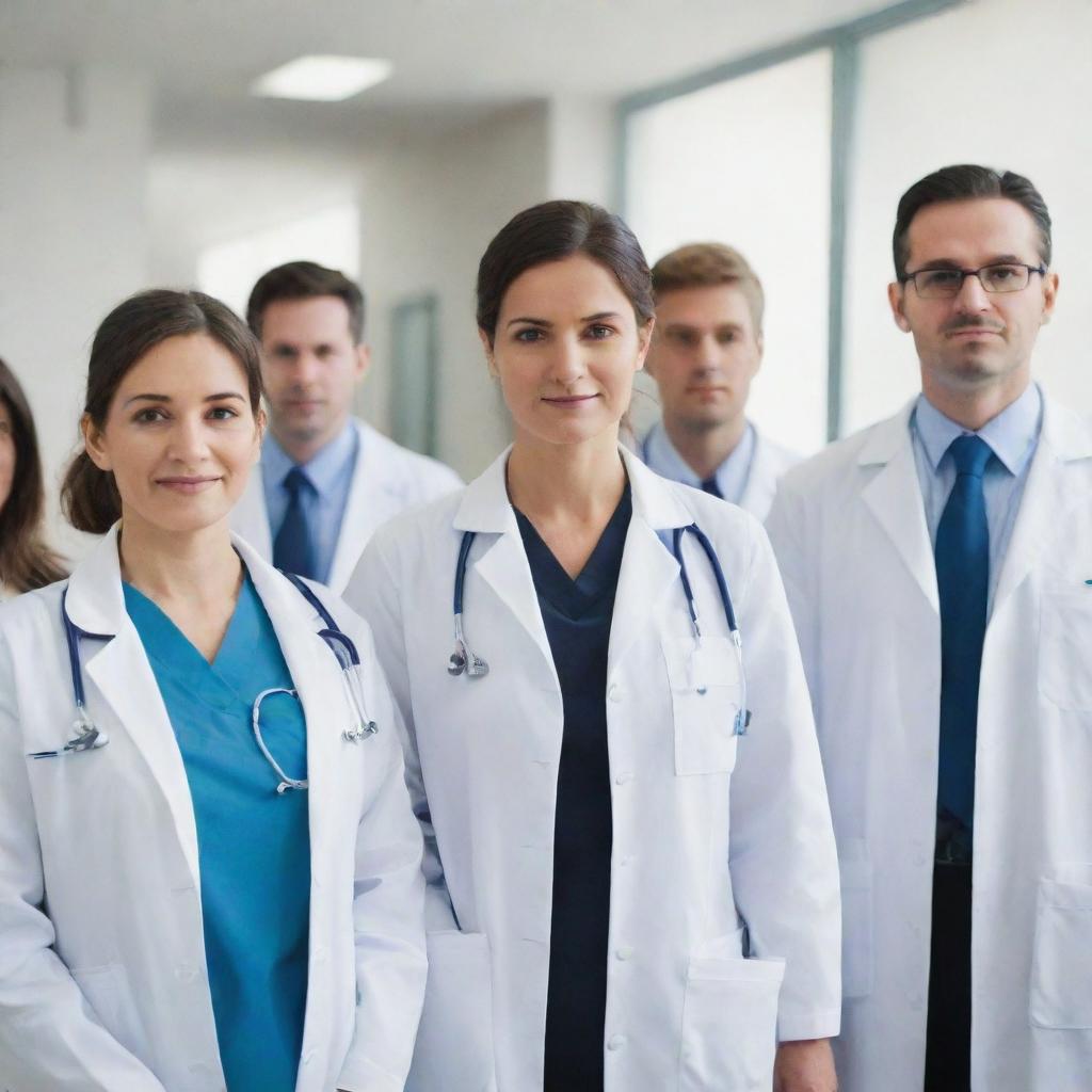 A group of doctors in professional attire and stethoscopes around their necks, helping patients in a busy, well-equipped hospital environment