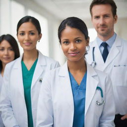 A group of doctors in professional attire and stethoscopes around their necks, helping patients in a busy, well-equipped hospital environment