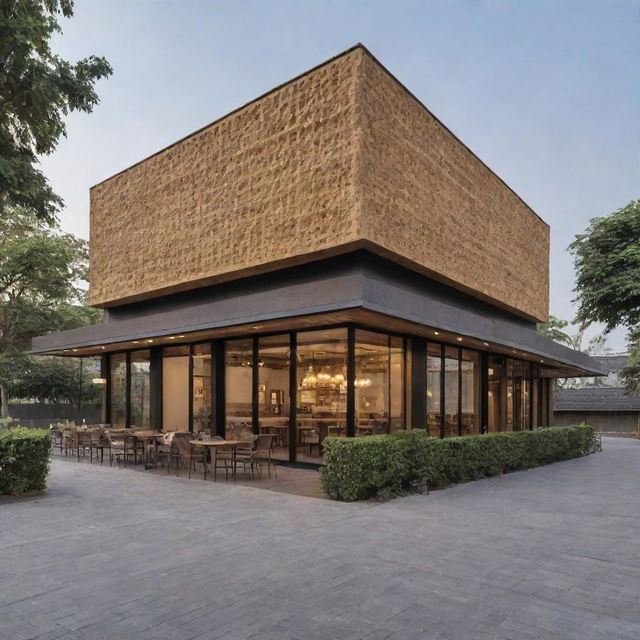 A distant perspective of a 700-square meter waffle restaurant, showcasing its exterior design and inviting atmosphere.