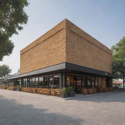 A distant perspective of a 700-square meter waffle restaurant, showcasing its exterior design and inviting atmosphere.