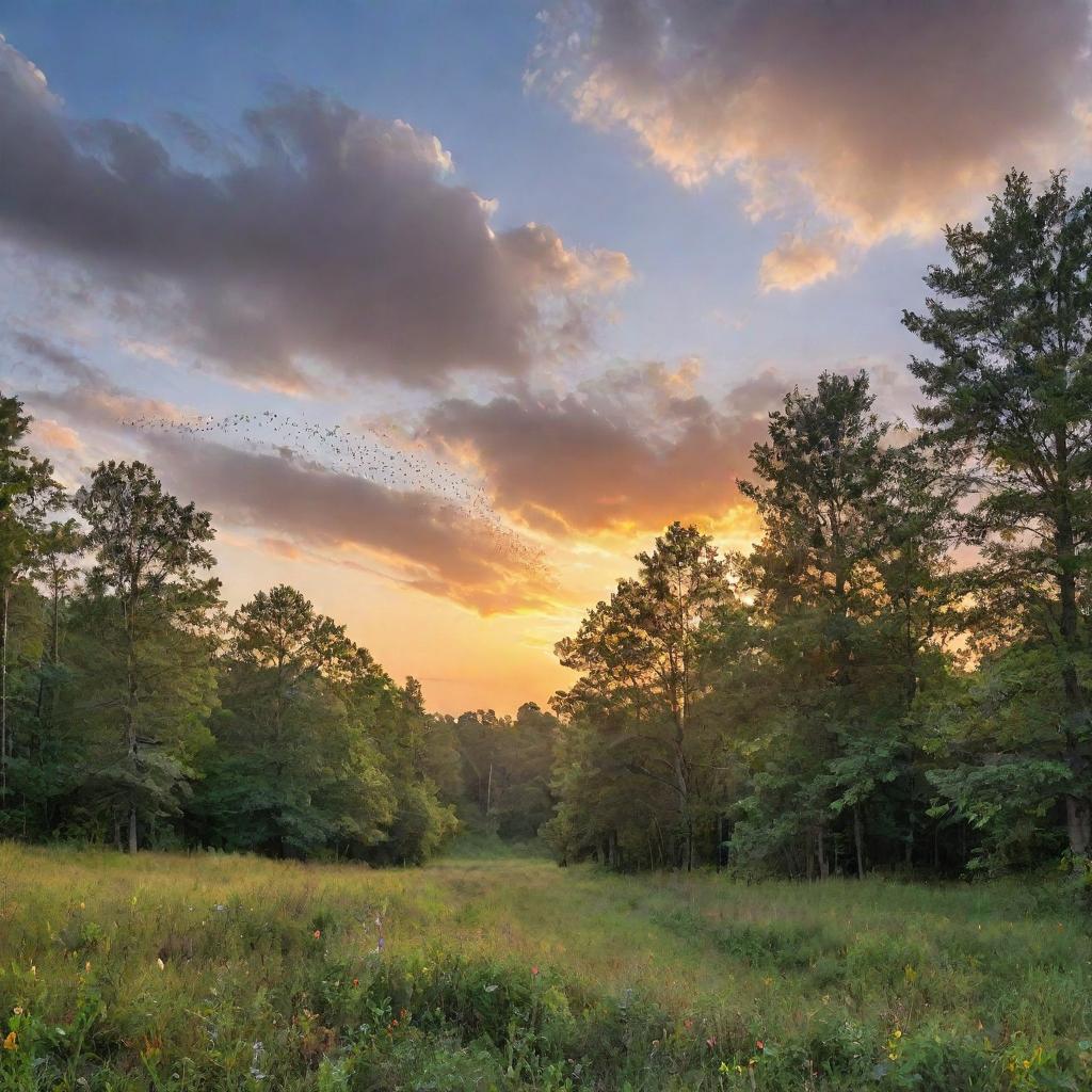 Vibrant sky at sunset over a lush forest, dotted with a flight of butterflies catching the last rays of light.