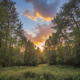 Vibrant sky at sunset over a lush forest, dotted with a flight of butterflies catching the last rays of light.