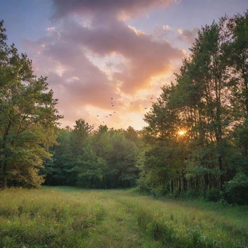 Vibrant sky at sunset over a lush forest, dotted with a flight of butterflies catching the last rays of light.