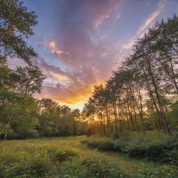 Vibrant sky at sunset over a lush forest, dotted with a flight of butterflies catching the last rays of light.