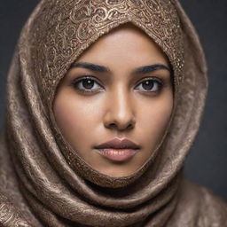 A portrait of a Muslim woman (Muslimah) tastefully recognized by her hijab, adorned with intricate designs, reflecting her inner strength and modesty.