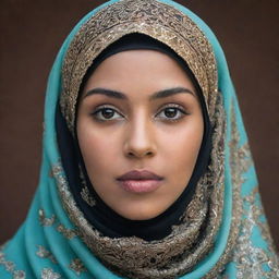 A portrait of a Muslim woman (Muslimah) tastefully recognized by her hijab, adorned with intricate designs, reflecting her inner strength and modesty.