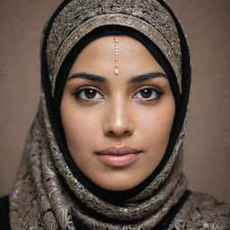 A portrait of a Muslim woman (Muslimah) tastefully recognized by her hijab, adorned with intricate designs, reflecting her inner strength and modesty.