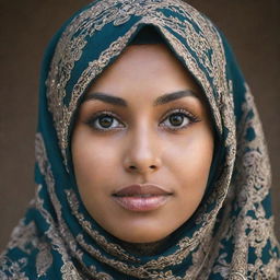 A portrait of a Muslim woman (Muslimah) tastefully recognized by her hijab, adorned with intricate designs, reflecting her inner strength and modesty.