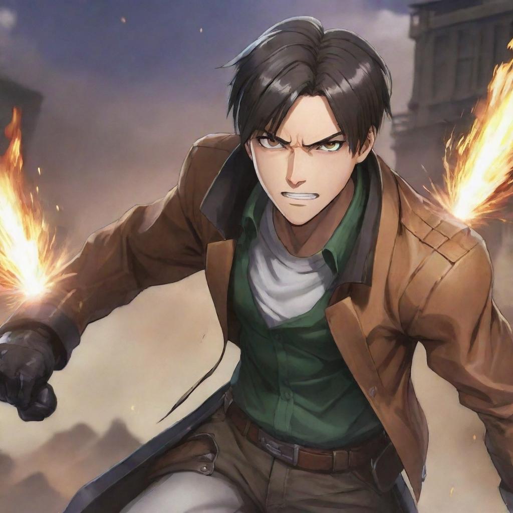 A vivid image illustrating a collaboration between Mobile Legends: Bang Bang and Attack on Titan featuring the character Claude from MLBB in the distinctive art style of AOT.