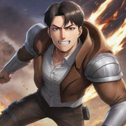 A vivid image illustrating a collaboration between Mobile Legends: Bang Bang and Attack on Titan featuring the character Claude from MLBB in the distinctive art style of AOT.