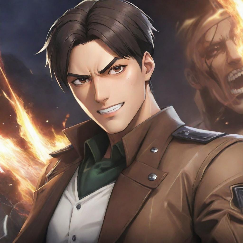 A vivid image illustrating a collaboration between Mobile Legends: Bang Bang and Attack on Titan featuring the character Claude from MLBB in the distinctive art style of AOT.