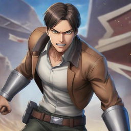 A vivid image illustrating a collaboration between Mobile Legends: Bang Bang and Attack on Titan featuring the character Claude from MLBB in the distinctive art style of AOT.