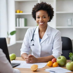 A professional black nutritionist in work attire actively providing diet guidance to clients in a comfortable, welcoming health office environment