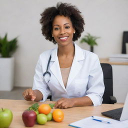 A professional black nutritionist in work attire actively providing diet guidance to clients in a comfortable, welcoming health office environment