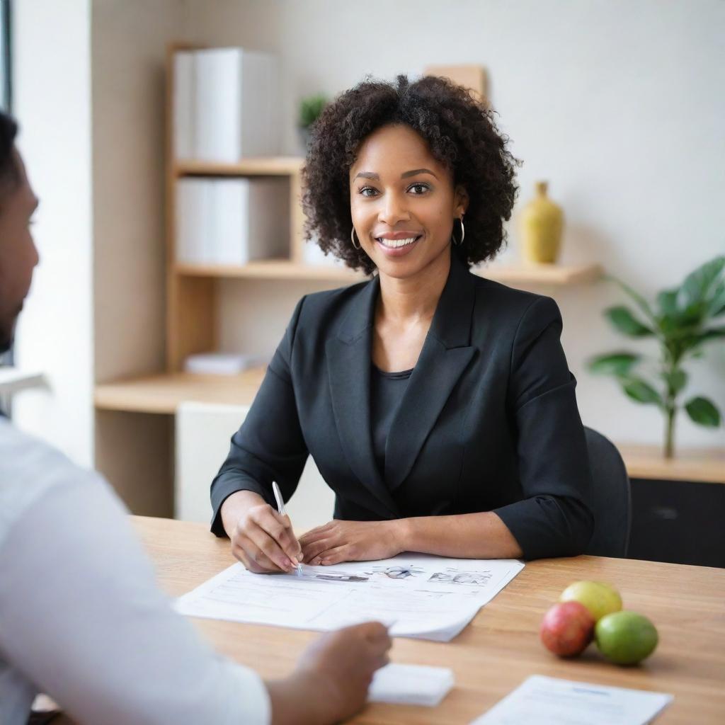 A professional black nutritionist in work attire actively providing diet guidance to clients in a comfortable, welcoming health office environment