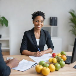 A professional black nutritionist in work attire actively providing diet guidance to clients in a comfortable, welcoming health office environment