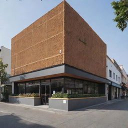 A frontal distant perspective of a 700-square meter waffle restaurant, emphasizing its facade and exterior attractiveness.