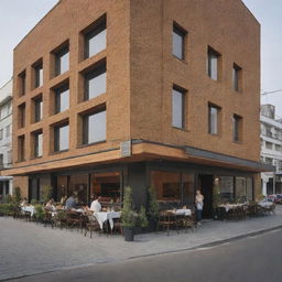 A frontal distant perspective of a 700-square meter waffle restaurant, emphasizing its facade and exterior attractiveness.