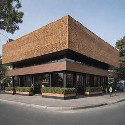 A frontal distant perspective of a 700-square meter waffle restaurant, emphasizing its facade and exterior attractiveness.