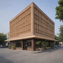 A frontal distant perspective of a 700-square meter waffle restaurant, emphasizing its facade and exterior attractiveness.