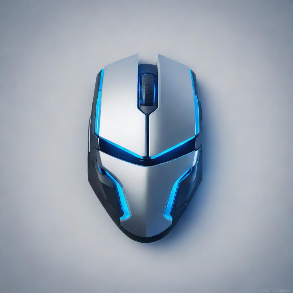 Create a gaming logo with a futuristic, sleek design; incorporate vibrant shades of blue and silver; The principal graphic element should represent a high-tech gaming mouse.