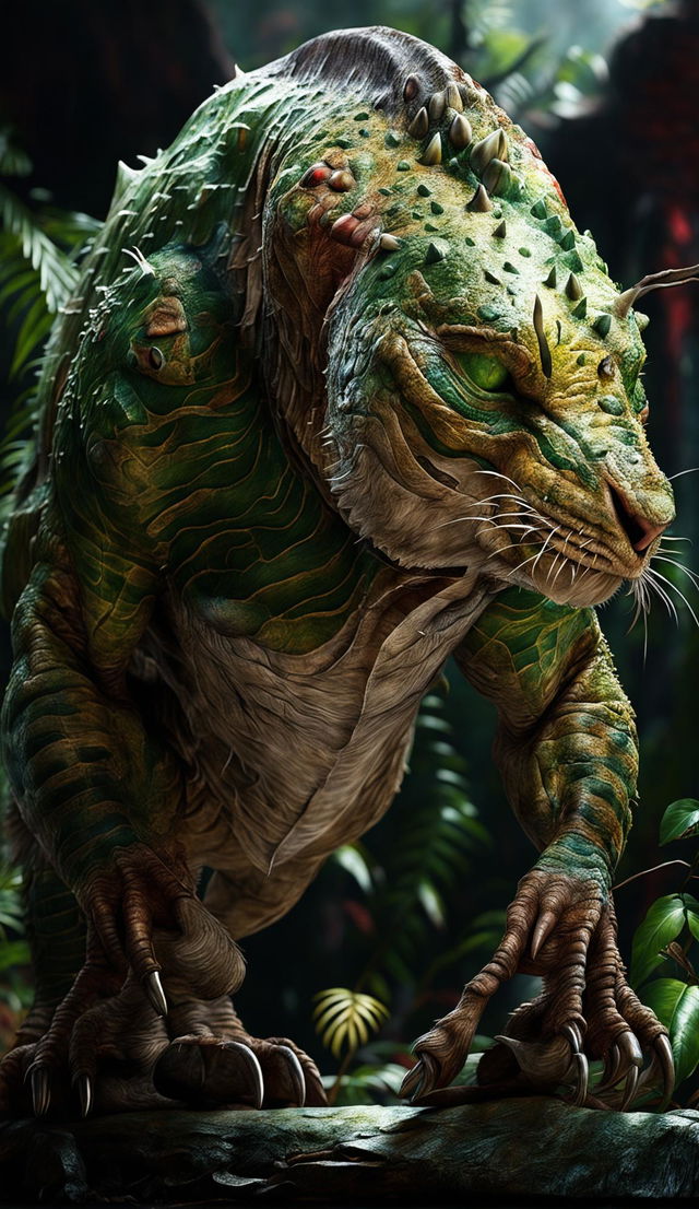 A hyper-realistic, larger-than-life fusion of a T-Rex and a cat, combining the agility of a cat and the strength of a T-Rex.