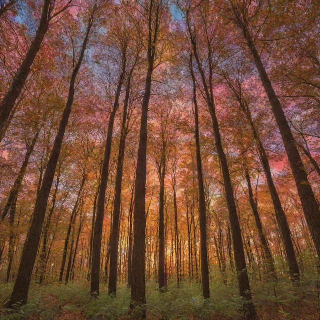 Forest bathed in the warm glow of a sunset, with a kaleidoscope of vibrant colors adorning the sky.