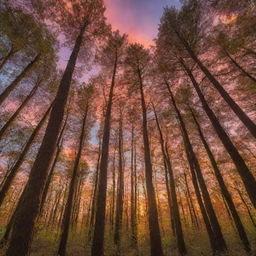 Forest bathed in the warm glow of a sunset, with a kaleidoscope of vibrant colors adorning the sky.