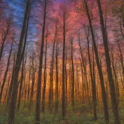 Forest bathed in the warm glow of a sunset, with a kaleidoscope of vibrant colors adorning the sky.