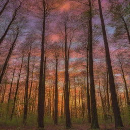 Forest bathed in the warm glow of a sunset, with a kaleidoscope of vibrant colors adorning the sky.