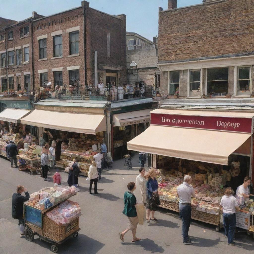 A bustling market scene with an ice cream shop and a clothing store side by side