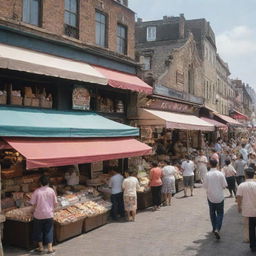 A bustling market scene with an ice cream shop and a clothing store side by side