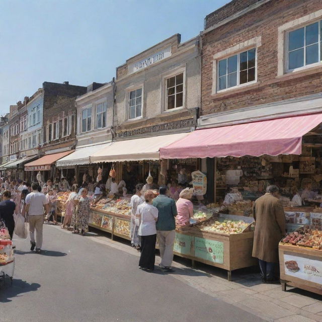 A bustling market scene with an ice cream shop and a clothing store side by side