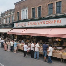 A bustling market scene with an ice cream shop and a clothing store side by side