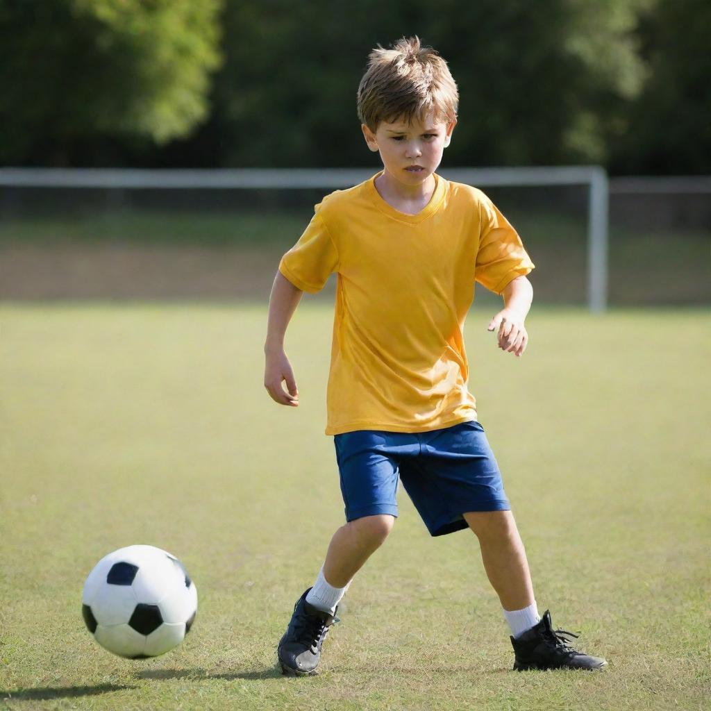 A dynamic scene of a young boy energetically playing football, with a clear focus on his determination and the motion of the ball.