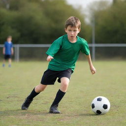 A dynamic scene of a young boy energetically playing football, with a clear focus on his determination and the motion of the ball.