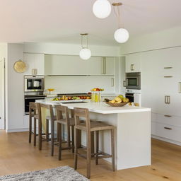 Cozy L-shaped open kitchen design with modern appliances and breakfast bar