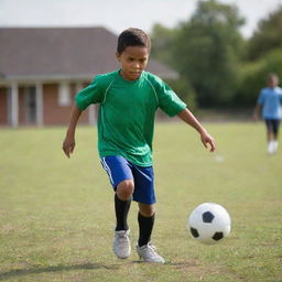 A dynamic scene of a young boy energetically playing football, with a clear focus on his determination and the motion of the ball.