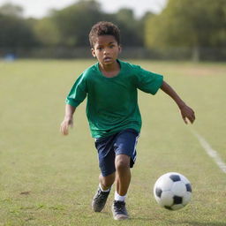 A dynamic scene of a young boy energetically playing football, with a clear focus on his determination and the motion of the ball.