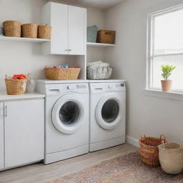 A neat and organized laundry room with a white washing machine, dryer, and baskets filled with colorful clothes