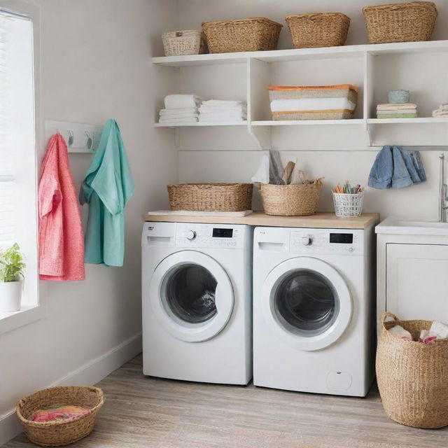 A neat and organized laundry room with a white washing machine, dryer, and baskets filled with colorful clothes