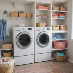 A neat and organized laundry room with a white washing machine, dryer, and baskets filled with colorful clothes