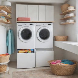 A neat and organized laundry room with a white washing machine, dryer, and baskets filled with colorful clothes